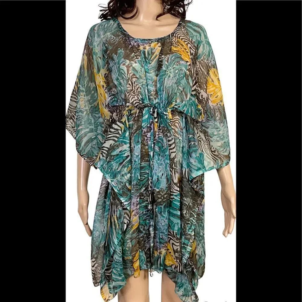 Sunflower Multi-Color Tropical Print Half Sheer Caftan Tunic Dress Cover Up OS